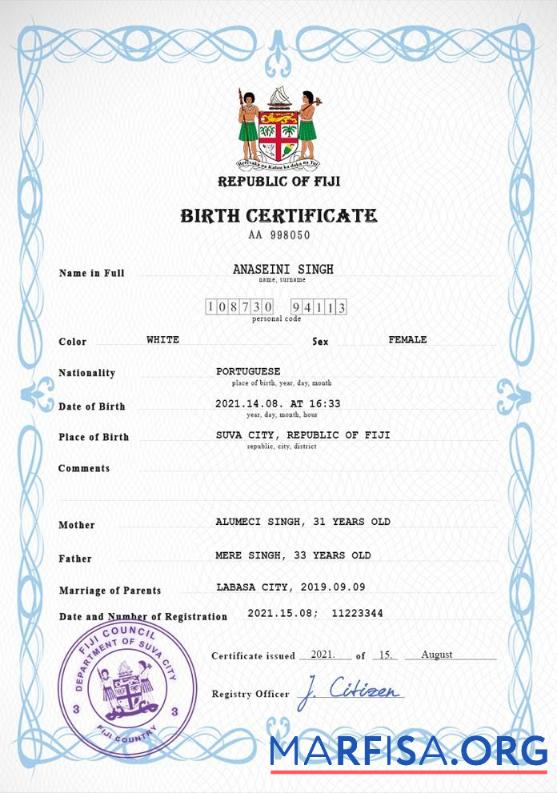 Blank Fiji vital record birth certificate PSD template
